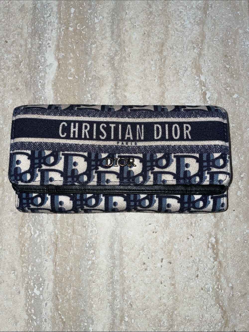 Copy -Christian Dior Blue white graphics logo tri fold long snap wallet